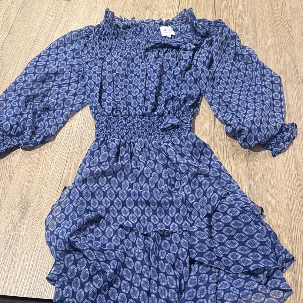 Misa Los Angeles Blue Patterned Long Sleeve Dress